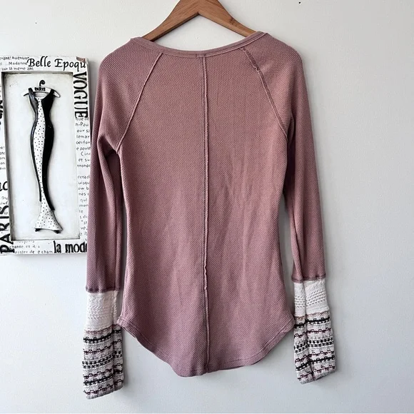 Free People Boho Tan Alpine Ski Lodge Thermal Knit Cuff Newbie Henley Size L - Picture 6 of 11